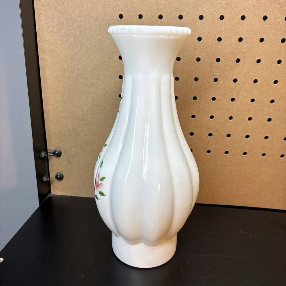 Vintage Lamp Chimney Milk Glass Melon Ribbed Hand Painted Shade 9.5” Tall